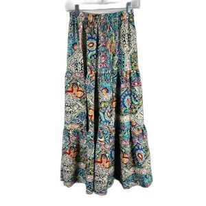 Boho Tiered Maxi Skirt Multicolor Paisley Print Elastic Waist Boho Color